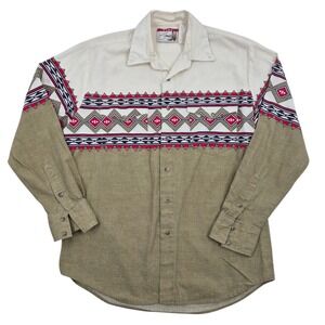 Pure Country Mens Western Button Down Shirt Southwestern Geometric Tan White L